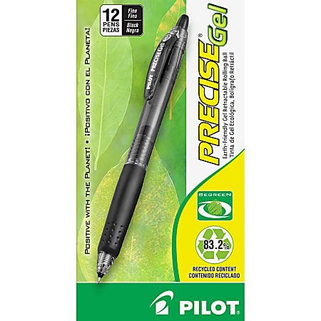 Pilot® Precise BeGreen Gel Retractable Rollerball Pens, Fine Point, 0.7 mm, 83% Recycled, Black Translucent Barrel, Black Ink, Pack Of 12