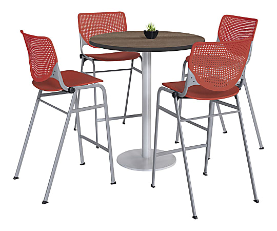 KFI Studios KOOL Round Pedestal Table With 4 Stacking Chairs, 41"H x 36"D, Studio Teak/Coral Orange