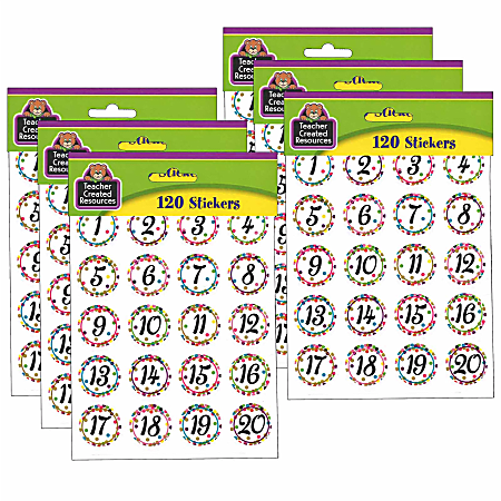 Teacher Created Resources® Stickers, Confetti Numbers, 120 Stickers Per Pack, Set Of 6 Packs