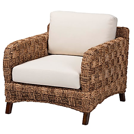 bali & pari Vevina Modern Bohemian Mahogany Wood and Woven Seagrass Armchair, 31”H x 31-1/8”W x 36-1/4”D, White/Dark Brown
