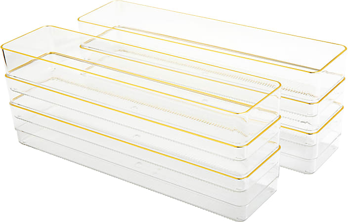 Martha Stewart Kerry Plastic Stackable Office Desk Drawer Organizers, 2"H x 3"W x 12"D, Clear/Gold Trim, Pack Of 6 Organizers