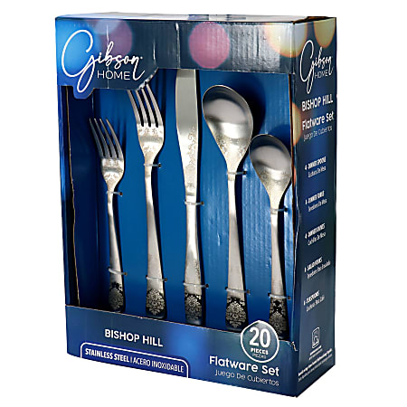 Gibson Home Bishop Hill 20-Piece Stainless Steel Floral Flatware Set, Matte Silver