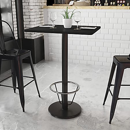 Flash Furniture Rectangular Laminate Table Top With Round Bar Height Table Base And Foot Ring, 43-3/16”H x 24”W x 30”D, Black