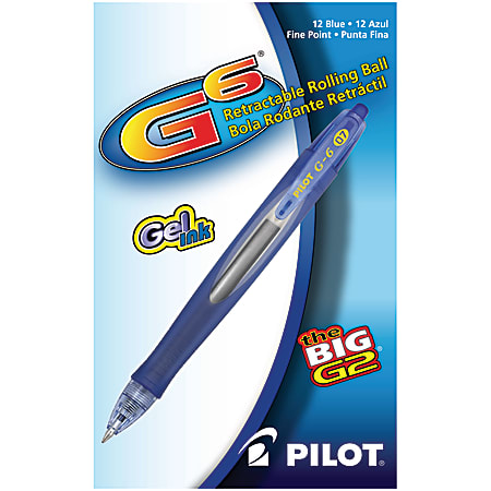 Pilot® G-6 Retractable Gel Ink Rollerball Pens, Fine Point, 0.7 mm, Blue Barrel, Blue Ink, Pack Of 12