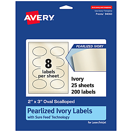 Avery® Pearlized Permanent Labels With Sure Feed®, 94060-PIP25, Oval Scalloped, 2" x 3", Ivory, Pack Of 200 Labels