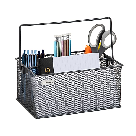Mind Reader 4-Compartment Utensil or Supply Caddy with Handle, 4-3/4"H x 7"W x 10"L, Grey