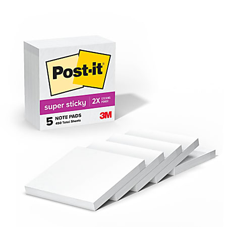 Post-it Super Sticky Notes, 3 in x 3 in, 5 Pads, 90 Sheets/Pad, 2x the Sticking Power, White