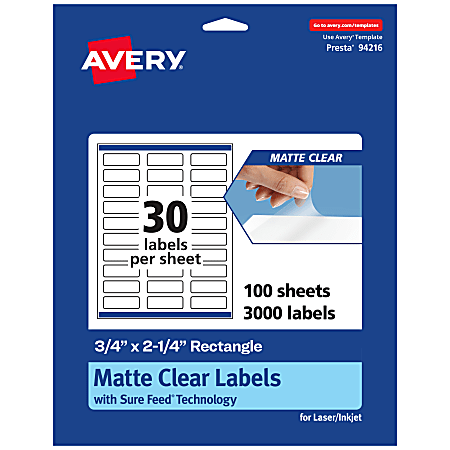 Avery® Permanent Labels With Sure Feed®, 94216-CMF100, Rectangle, 3/4" x 2-1/4", Matte Clear, Pack Of 3,000