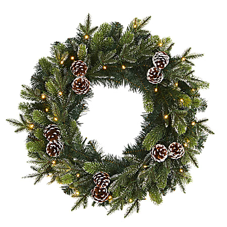 Nearly Natural 24”H Snowed Pine Cone Artificial Christmas Wreath With 35 LED Lights, 24” x 5”, Green