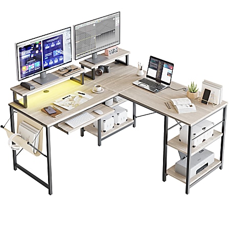 Bestier L-Shaped Corner Computer Desk With Storage Shelf, Monitor Stands, Side Pocket And Tray, 60"W, White
