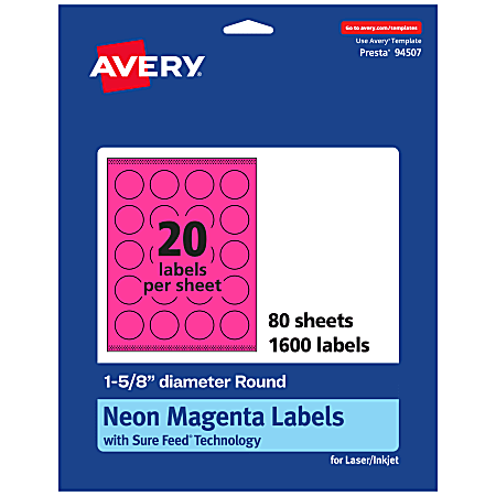 Avery® Print-To-The-Edge Labels With Sure Feed® Technology, 94507-NMP80, Round, 1-5/8", Matte Neon Magenta, Pack of 1600