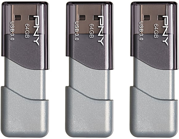 PNY Turbo Attach 3 USB 3.0 Flash Drive 64 GB Silver Pack Of 3 Office Depot