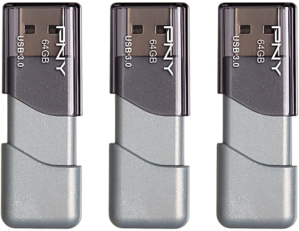 PNY Turbo Attaché 3 USB 3.0 Flash Drive, 64 GB, Silver, Pack Of 3