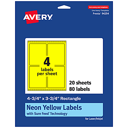 Avery® Print-To-The-Edge Labels With Sure Feed® Technology And Easy Peel®, 94254-NYP20, Rectangle, 4-3/4" x 3-3/4", Matte Neon Yellow, Pack of 80
