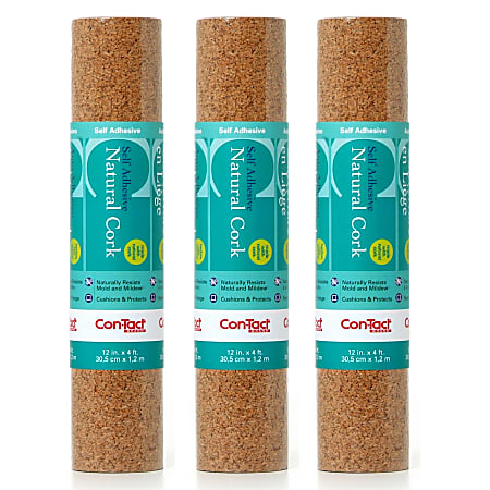 Kittrich Con-Tact Adhesive Rolls, 12" x 4', Cork, Pack Of 3 Rolls