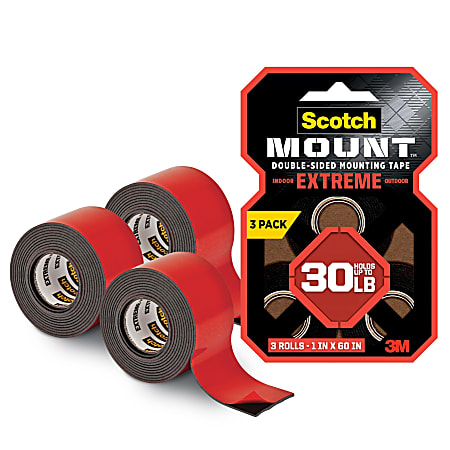 Scotch-Mount&trade; Heavy Duty Double-Sided Mounting Tape, 1 x 60 in, 3 Black Tape Rolls, Holds up to 30 lbs, Industrial Strength Adhesive, Multi-Surface