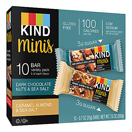 KIND Minis Snack Bars, Dark Chocolate Nuts And Sea Salt/Caramel Almond And Sea Salt, 0.71 Oz, Box Of 10 Bars