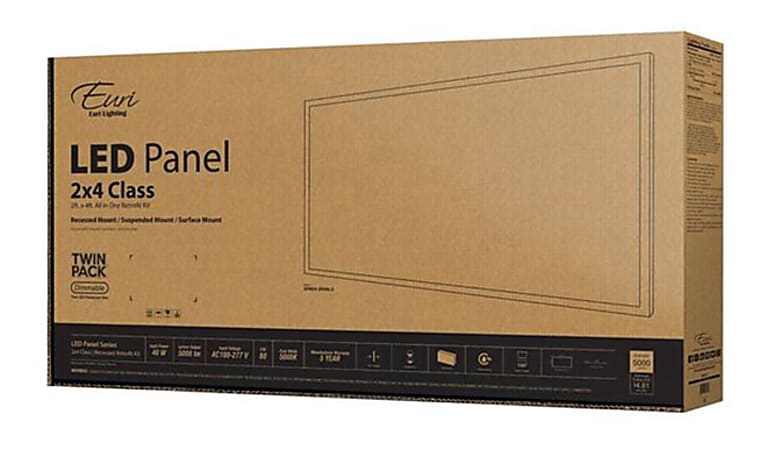 Euri Indoor LED Flat-Panel Fixtures, 2' x 4', 5000 Lumen, 40 Watts, 5000 Kelvin/Daylight, Pack Of 2 Fixtures