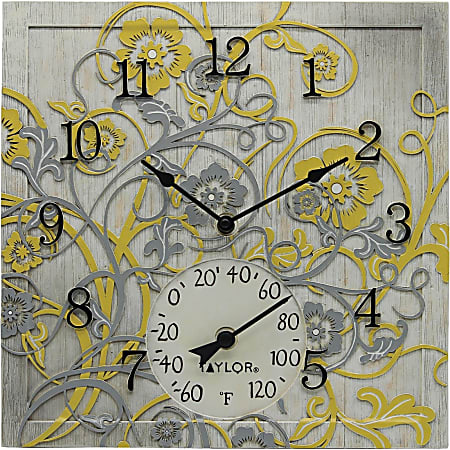 Taylor 92692T 14-Inch x 14-Inch Beachwood Clock with Thermometer - Analog - Quartz - CaseThermometer