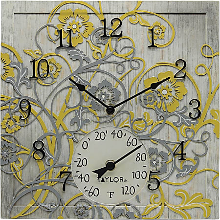 Taylor 92692T 14-Inch x 14-Inch Beachwood Clock with Thermometer - Analog - Quartz - Thermometer