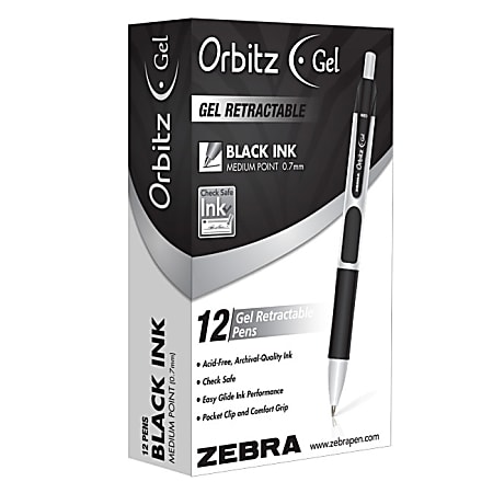 Zebra® Pen Orbitz Retractable Rollerball Pens, Pack Of 12, Medium Point, 0.7 mm, Black Barrel, Black Ink