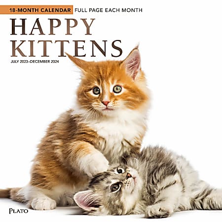 2023-2024 Plato 18-Month Monthly Square Wall Calendar, 12" x 12", Happy Kittens, July To December