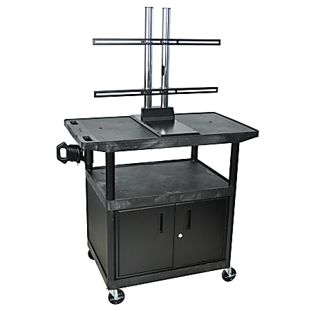 H. Wilson Plastic Utility Cart With Built-In Plasma/LCD Mount, Locking Cabinet, 40"H x 42"W x 24"D, Black/Chrome