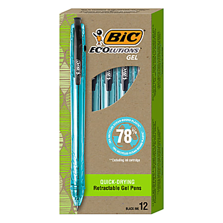 BIC® Ecolutions Ocean-Bound Retractable Gel Pens, Pack Of 12 Pens, Medium Point, 0.7 mm,  78% Recycled, Clear Barrel, Black Ink