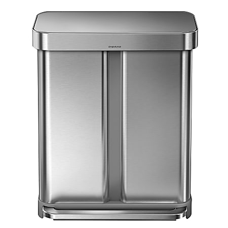 simplehuman Rectangular Stainless Steel Dual-Compartment Step Can, 15.3 Gallons, Brushed Stainless Steel