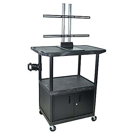 H. Wilson Plastic Utility Cart With Built-In Plasma/LCD Mount, Locking Cabinet, 48"H x 42"W x 24"D, Black/Chrome