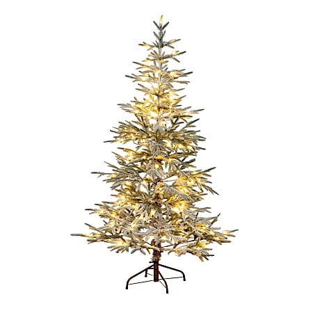Nearly Natural 6’H Pre-Lit Artificial Flocked Woodland Fir Christmas Tree With 150 Warm White LED Lights, 72”H x 36”W x 36”D, Green