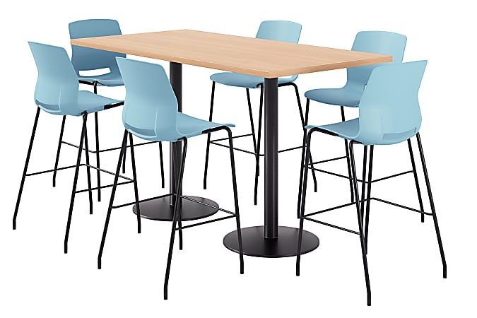 KFI Studios Proof Bistro Rectangle Pedestal Table With 6 Imme Barstools, 43-1/2"H x 72"W x 36"D, Maple/Black/Sky Blue Stools
