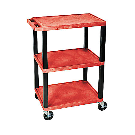 H. Wilson 3-Shelf Plastic Specialty Utility Cart, 34"H x 24"W x 18"D, Red Shelves/Black Legs