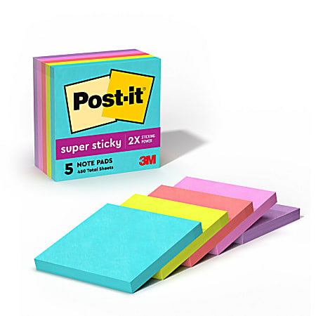 Post-it® Super Sticky Notes, 3 in x 3 in, 5 Pads, 90 Sheets/Pad, 2x the Sticking Power, Supernova Neons Collection