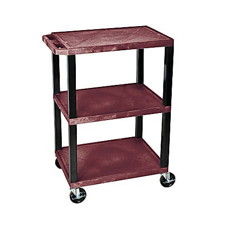 H. Wilson 3-Shelf Plastic Specialty Utility Cart, 34"H x 24"W x 18"D, Burgundy Shelves/Nickel Legs