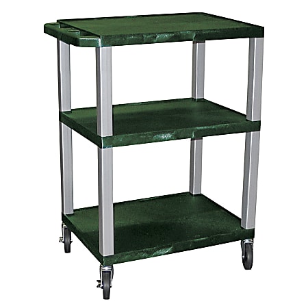H. Wilson 3-Shelf Plastic Specialty Utility Cart, 34"H x 24"W x 18"D, Hunter Green Shelves/Nickel Legs