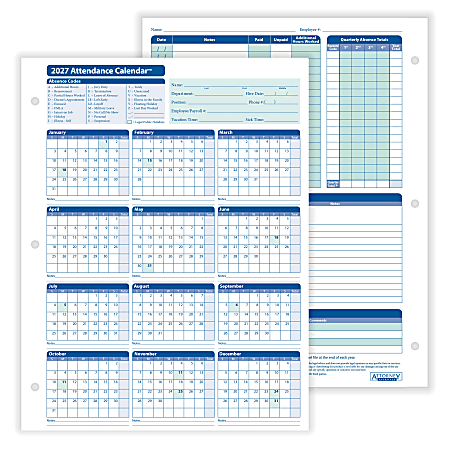 ComplyRight® 2027 Attendance Calendar Cards, 8 1/2" x 11", White, Pack Of 25