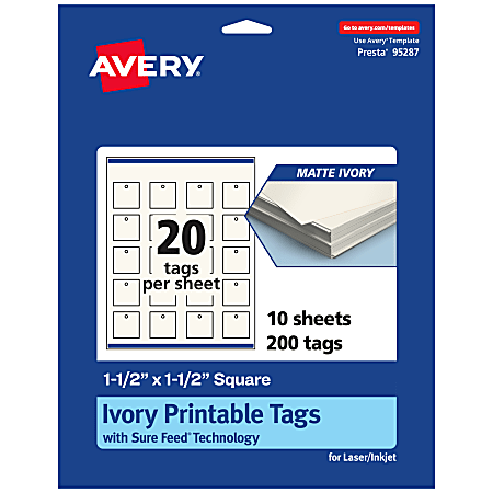 Avery&reg; Printable Tags With Sure Feed&reg; Technology, Print-To-The-Edge, 1.5"x1.5", Matte Ivory, Pack Of 200