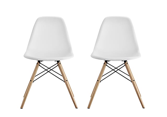 DHP Mid-Century Modern Molded Chairs With Wood Legs, White/Birch, Set Of 2