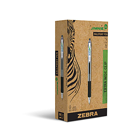 Zebra® Eco Jimnie® Clip Retractable Ballpoint Pens, Medium Point, 1.0 mm, Black Barrel, Black Ink, Pack Of 12