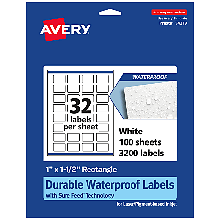 Avery® Waterproof Permanent Labels With Sure Feed®, 94219-WMF100, Rectangle, 1" x 1-1/2", White, Pack Of 3,200
