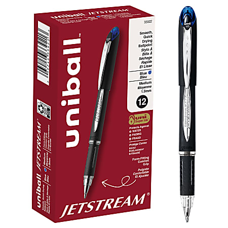 uni-ball® Jetstream™ Ballpoint Pens, Bold Point, 1.0 mm, Black Barrel, Blue Ink, Box Of 12