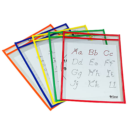 C-Line Reusable Dry-Erase Pockets, 9" x 12", Assorted Colors, Pack Of 5 Pockets