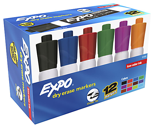 EXPO® Low-Odor Dry-Erase Markers, Chisel Point, Assorted Colors, Box Of 12