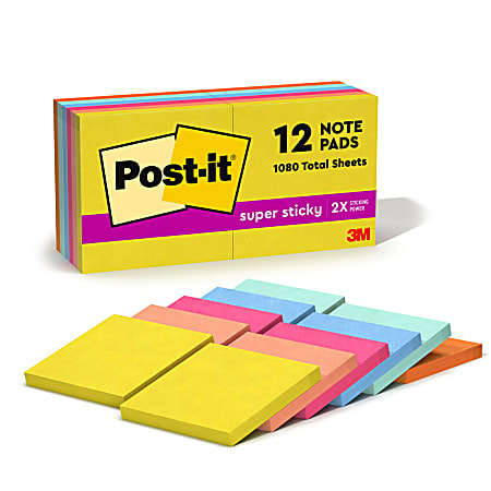 Post-it Super Sticky Notes, 3 in x 3 in, 12 Pads, 90 Sheets/Pad, 2x the Sticking Power, Summer Joy Collection