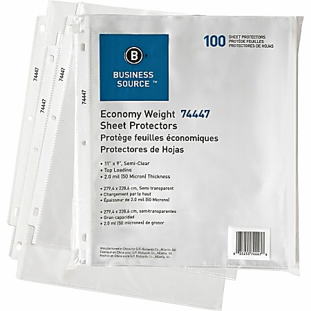 Business Source Economy Weight Sheet Protectors - 11" Height x 9" Width - 2 mil Thickness - For Letter 8 1/2" x 11" Sheet - Ring Binder - Rectangular - Semi Clear - Polypropylene - 100 / Pack