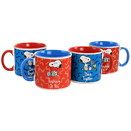 Gibson Peanuts Snoopy Songs 4-Piece Stoneware Mug Set, 21 Oz, Red/Blue