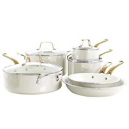 Martha Stewart Lockton Premium 10-Piece Enameled Heavy-Gauge Aluminum Ceramic Nonstick Cookware Set, Linen