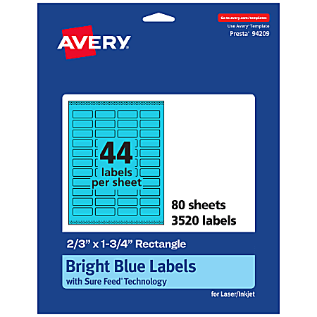 Avery® Print-To-The-Edge Labels With Sure Feed® Technology And Easy Peel®, 94209-BBP80, Rectangle, 2/3" x 1-3/4", Matte Bright Blue, Pack of 3520