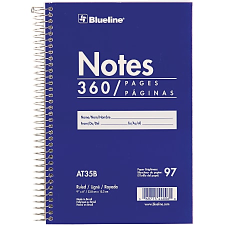 Blueline White Paper Wirebound Steno Pad - 360 Sheets - Spiral - Front Ruling Surface - 9"x6" - White Paper - AT35B
